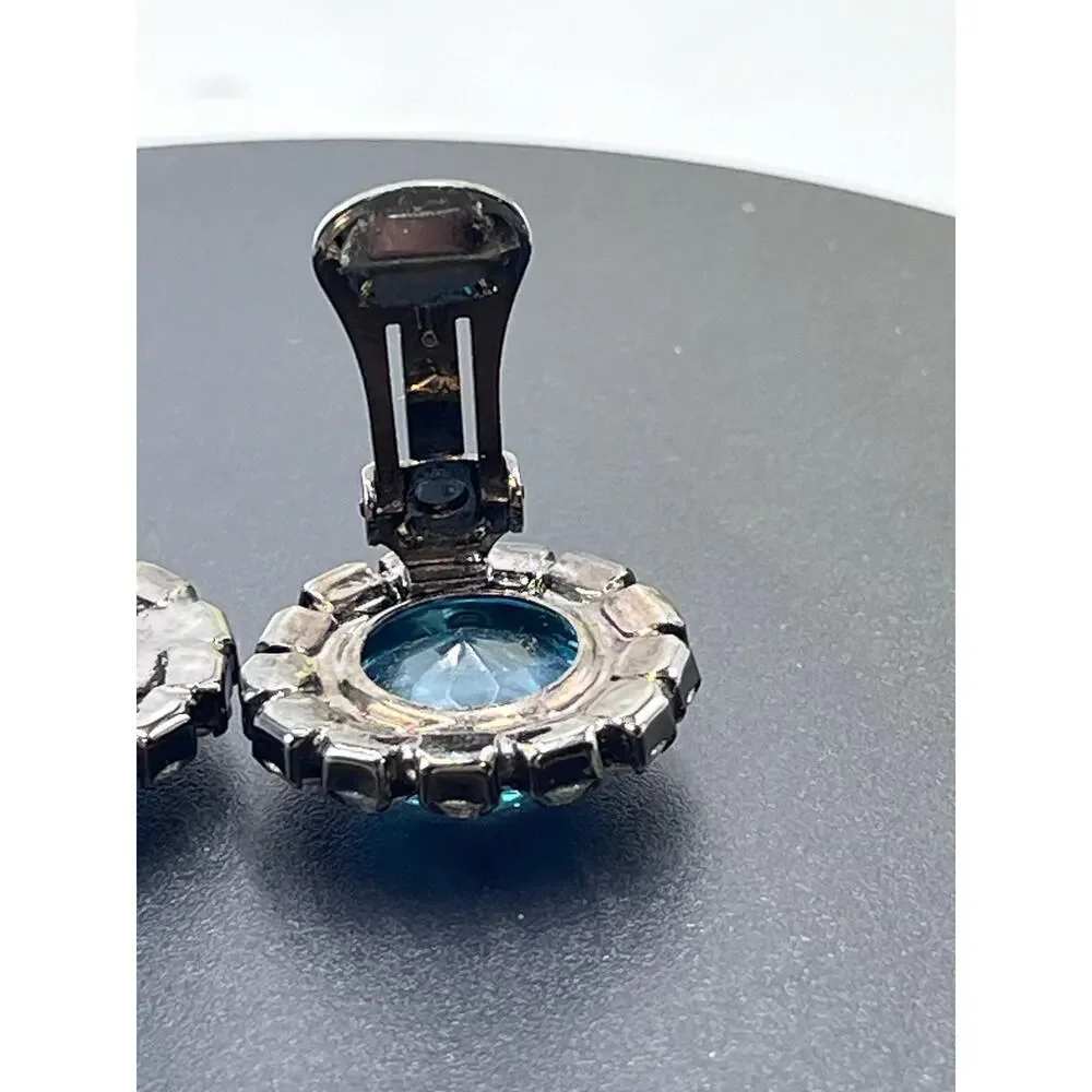 Kenneth Jay Lane Vintage Aquamarine Color Button Clip Gunmetal Earrings - Picture 6 of 12